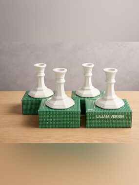 Set of 4 White Candlestick by Lillian Vernon NOS Christmas Holiday Candle Holder